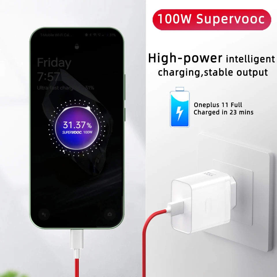 Original Oneplus Charger SuperVOOC 100W Type-A Power Adapter EU 80W Super Fast Type C Cable One Plus 13 12 11 10 Pro Nord CE 3 5