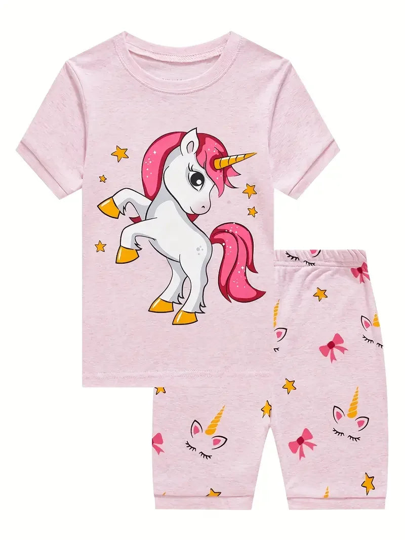 2pcs Toddler Girls Cotton Pajamas Outfit Cartoon Unicorn Graphic Crew Neck T-Shirt Top & Elastic Waist Shorts Sleepwear