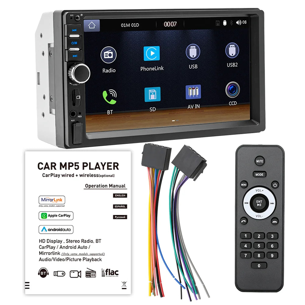 BQCC 7" 2Din/1 Din MP5 Car Player Mirrorlink wired Android AUTO/CarPlay BT AUX  Colorful lights FM Car Radio F7018C