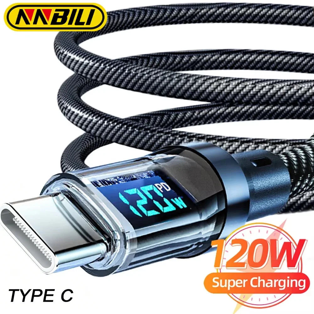 NNBILI 120W USB A to Type C Super Fast Charging Cable Digital Display USB Type C to Type C Data Cable For iPhone Android Phones