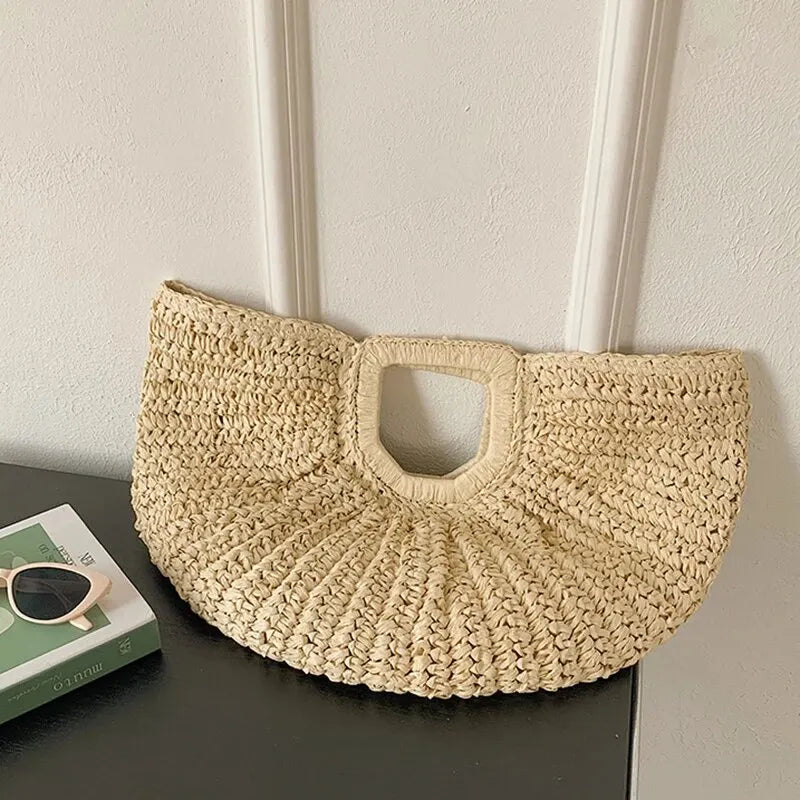 Summer Straw Women Half-moon Beach Handbag Rattan Handmade Handle Fashion Kintted Tote Bag