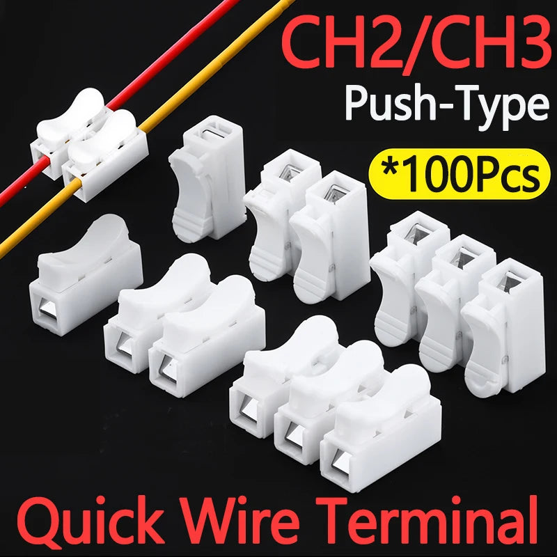 100PCS CH2 CH3 Quick Push Wire Cable Connector 2Pin 3Pin Spring Loaded Flame Retardant Cable Clamp Connection for Wiring
