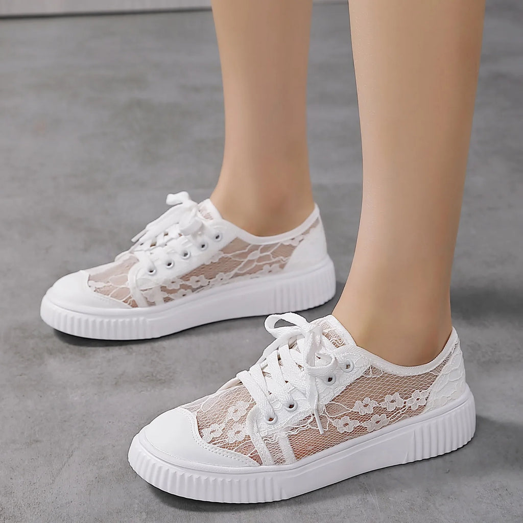 Women's Floral Lace Breathable Platform Shoes Spring Summer Thick Mid Top Lace Up Shoes Comfortable Outdoor Daily Casual Shoes