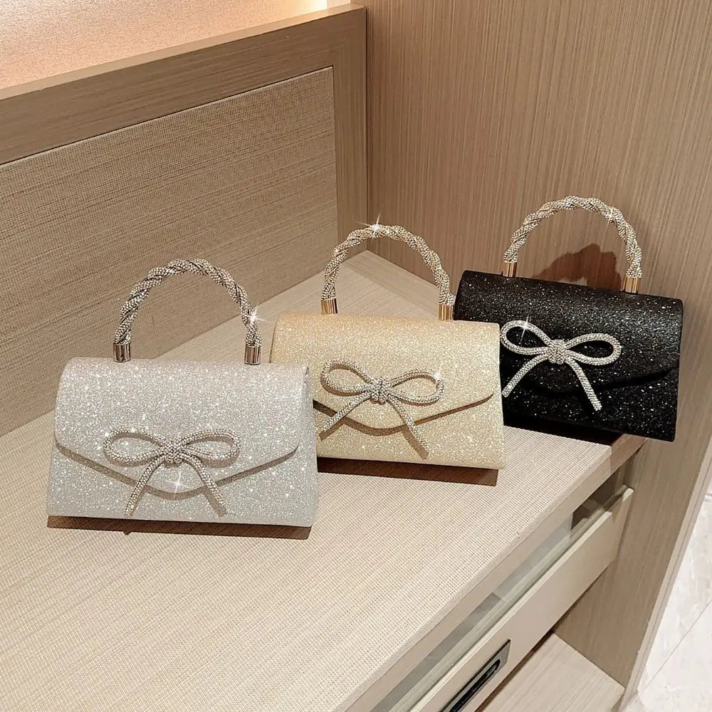 Fashion Rhinestone Bowknot Evening Bag Glitter Gold Silver Bow Chain Bag Clutch Bag for Women Female