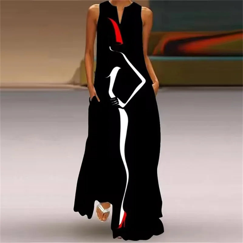 Summer Outdoor Street Fashion Women's Long Dress New Abstract Art Print Dress Sleeveless Vest V-Neck Fashion Women's Party Dress