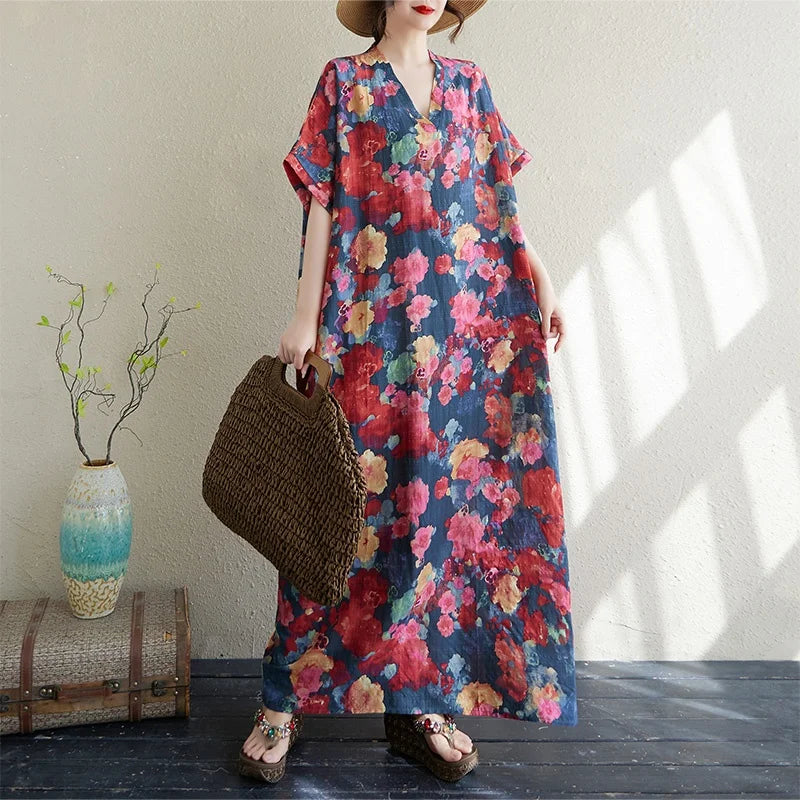 V-Neck Loose Cotton Linen Beach Skirt Summer Casual Long Dress Cover up Retro Style Holiday Fashion plus Size Women's Dress