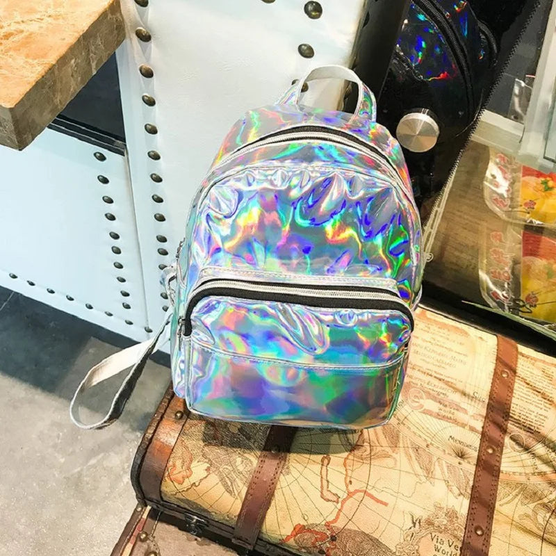 2025 Fashion Laser Backpack Preppy Style School Shiny Laser PU Leather Women Girls Bag Silver Waterproof Holographic Backpack