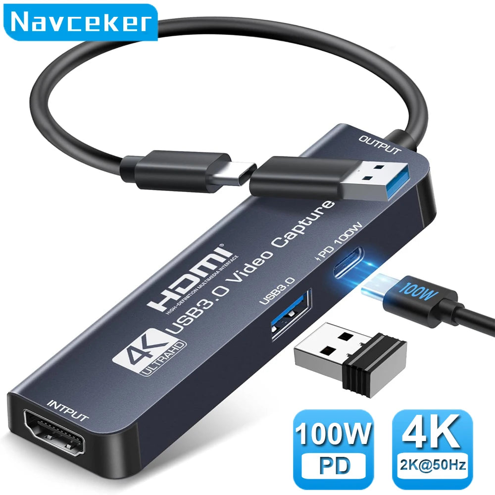 Navceker USB3.0 Video Capture Card with 100W PD USB C to USB A/USB C Live and Record Video Audio Gaming for Quest 2 3 Switch ROG