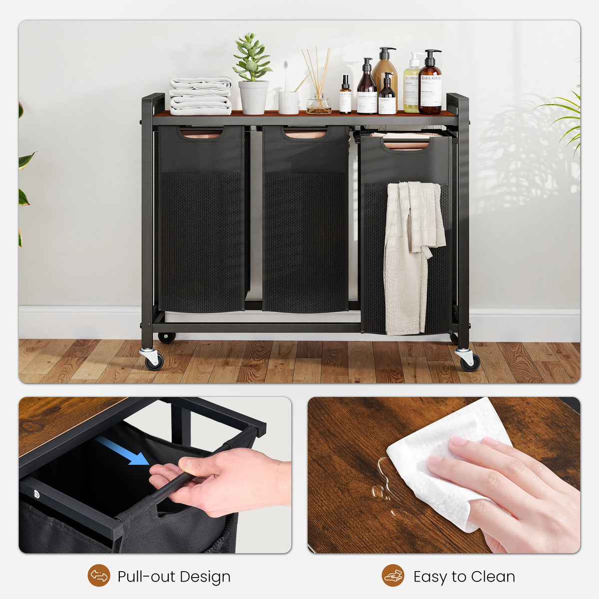 MCQ 36IN Laundry Hampers with Movable Wheels Metal Frame and Pull-Out Removable Sorter Bags Clothes Basket Organizer for Home