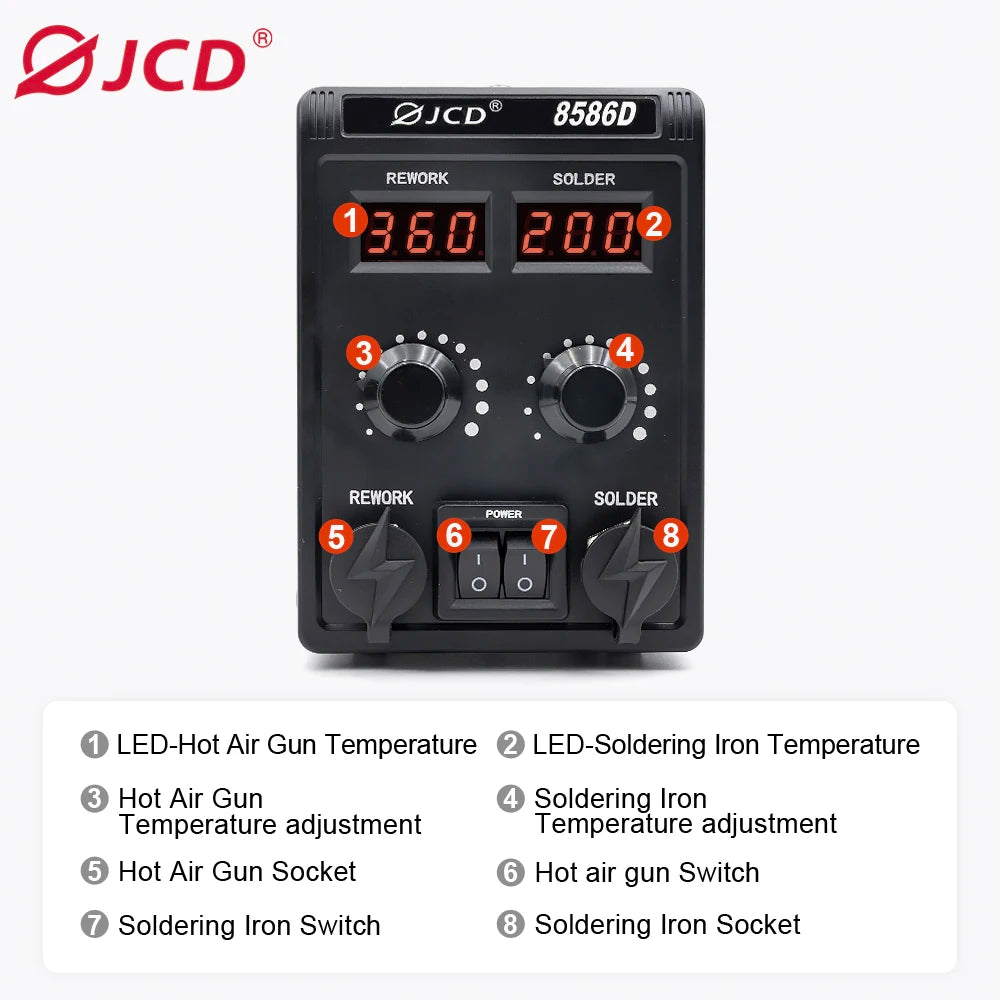 JCD 750W Soldering Station 2 IN 1 Hot Air Gun LCD Dual Digital Display Electric Soldering Iron SMD Welding Rework Station 8586D