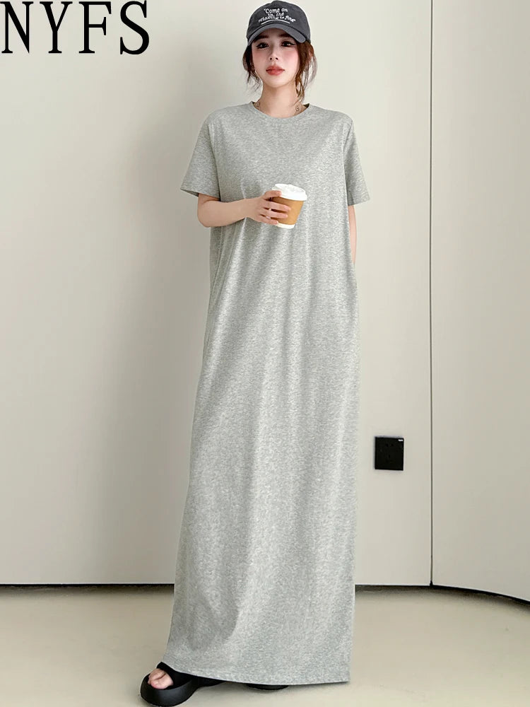 NYFS 2026 Korean Style Women's Summer Loose plus Size Dress Short Sleeve Solid Long Dress Robe Elbise
