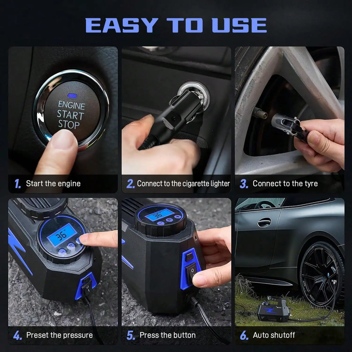 Portable Car Air Compressor 12V, Electric Tire Inflator Pump With Digital Pressure Gauge & LED Light, Handheld Car Air Pump For Car Tires, Motorcycle, Bicycle And Emergency Roadside Use