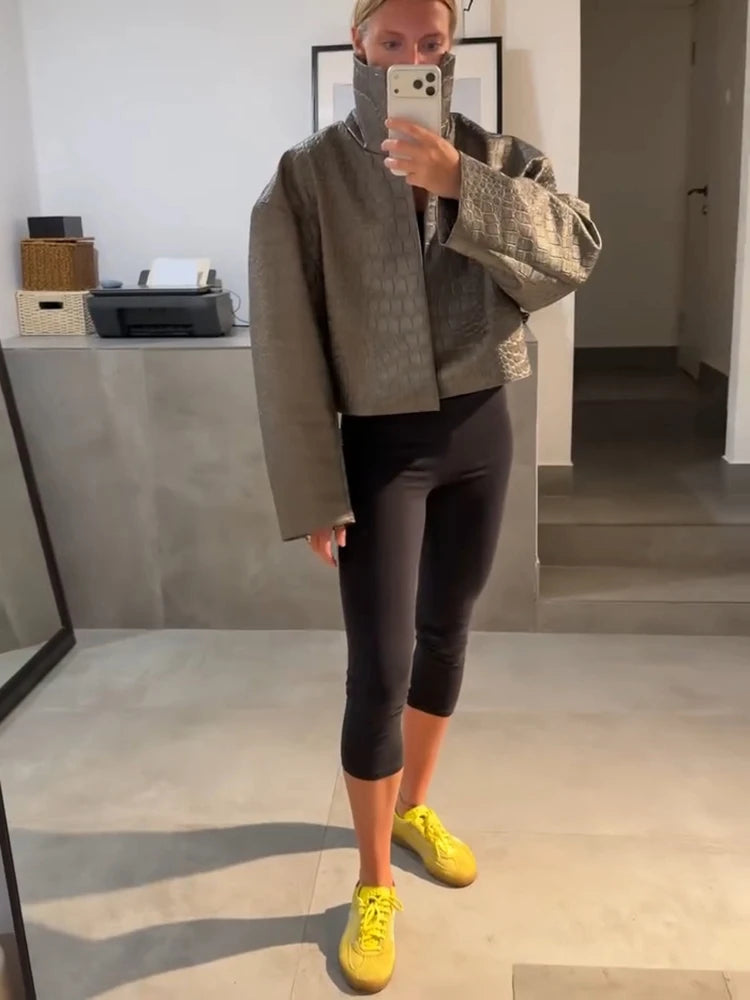 Street Grain Leather Jackets Women High Neck Long Sleeves Loose Pu Coats Female 2026 Autumn New Chic Fashion Solid Chic Outwears
