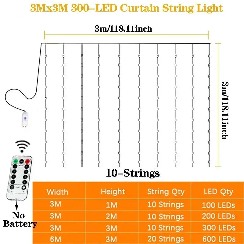 8 Modes LED Curtain Fairy Light USB Plug Wedding Garland Valentine's Day Ramadan EID Mubarak Decoration for Home Curtain Lights