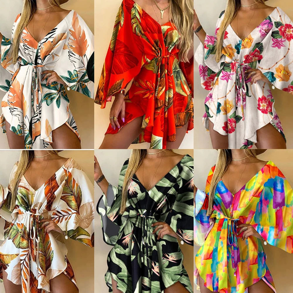 Sexy V Neck Long Batwing Sleeve Floral Print Loose Asymmetrical Dress Summer Women Irregular Leaf Print Party Boho Dresses