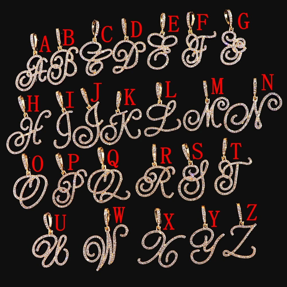 Flatfoosie Fashion A-Z Cursive Letter Crystal Chain Necklace For Women Bling Iced Out Initial Pendant Necklace Hip Hop Jewelry