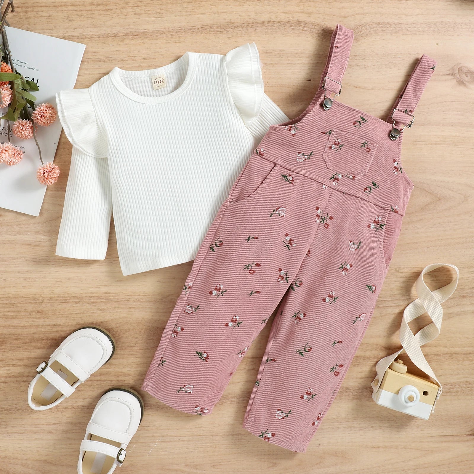 Pudcoco 2 Pieces Kids Suit Set, Solid Color O-Neck Long Sleeve Tops+ Floral Print Suspender Trousers for Girls, 6 Months-4 Years