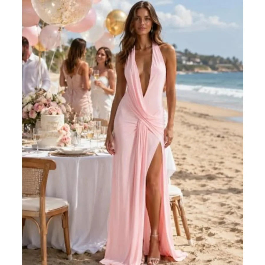 Women Deep V Neck Halter Maxi Dress Backless Ruched High Split Cocktail Party Formal Prom Gown Wedding Guest Dress