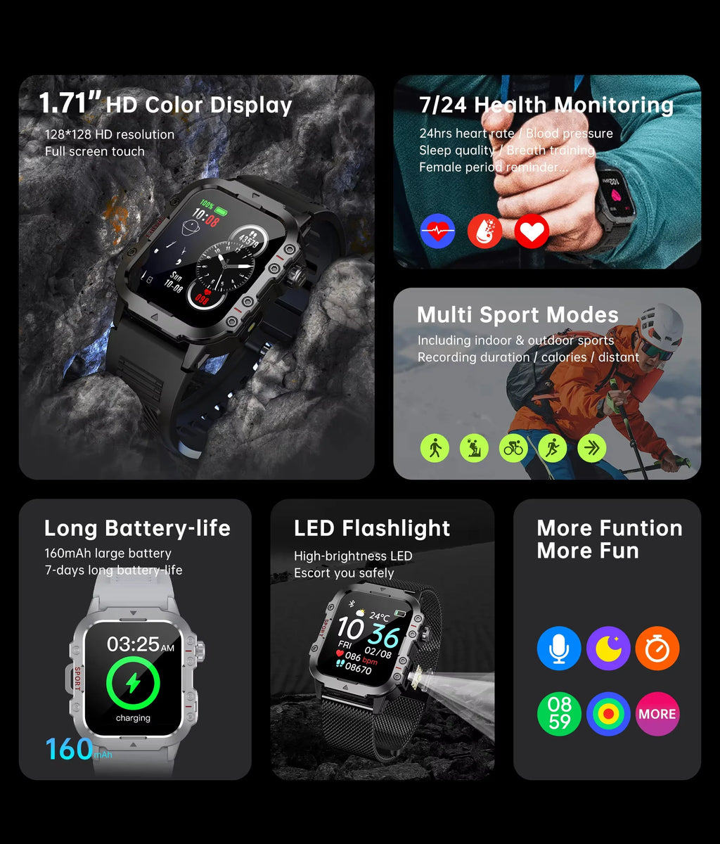 G.L Wear 2026 Smartwatch Outdoor Sport Fitness HR SpO2 Sleep Monitor LED Flashlight Bluetooth Call Men Women