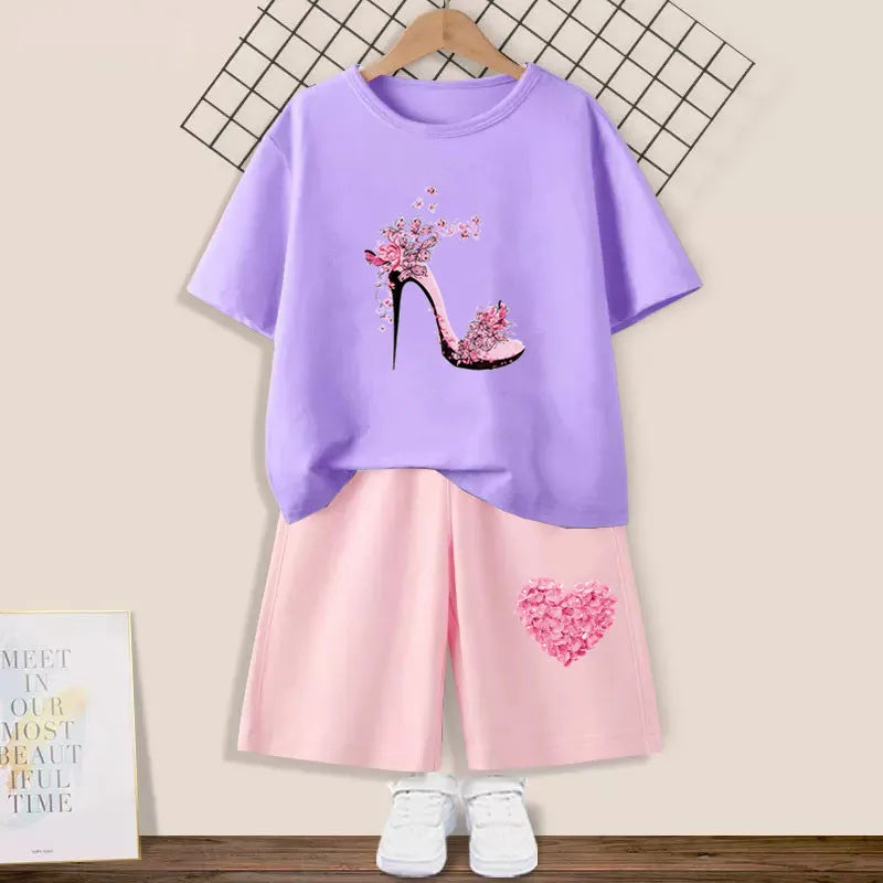 2024 Summer Girls Cotton Clothing Sets Kids Cute Cartoon Butterfly High Heel T-shirt +Shorts 2Pce Suits Childrens Tracksuits