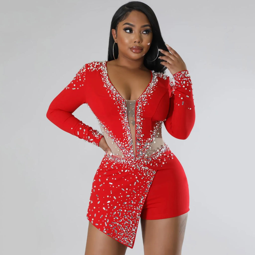 Women Glitter Rhinestone Sequins Formal Romper Clubwear Party Long Sleeve Deep V-Neck Mesh Sexy Playsuit One-Piece Jumpsuit