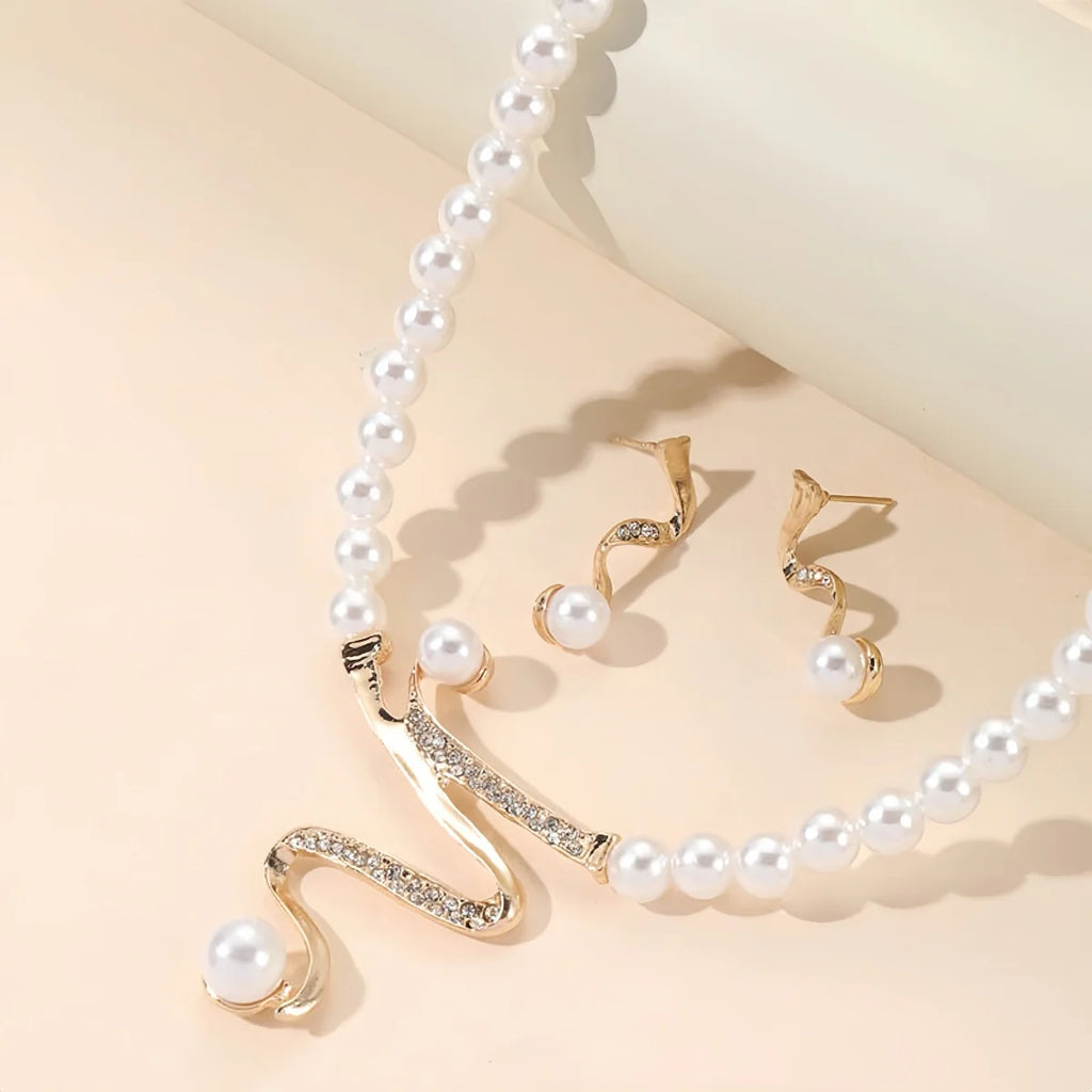 1Set New Women Bridal Wedding Party imitation Pearl Rhinestone Necklace Earrings Jewelry Set