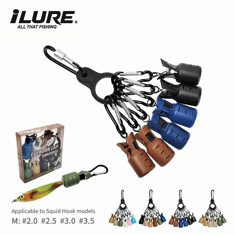New Squid Jig Bait Protector Kit Size M 6pcs Webfoot Octopus Egi Hooks Cover Cuttlefish Umbrella Lure Cap with Carabiner