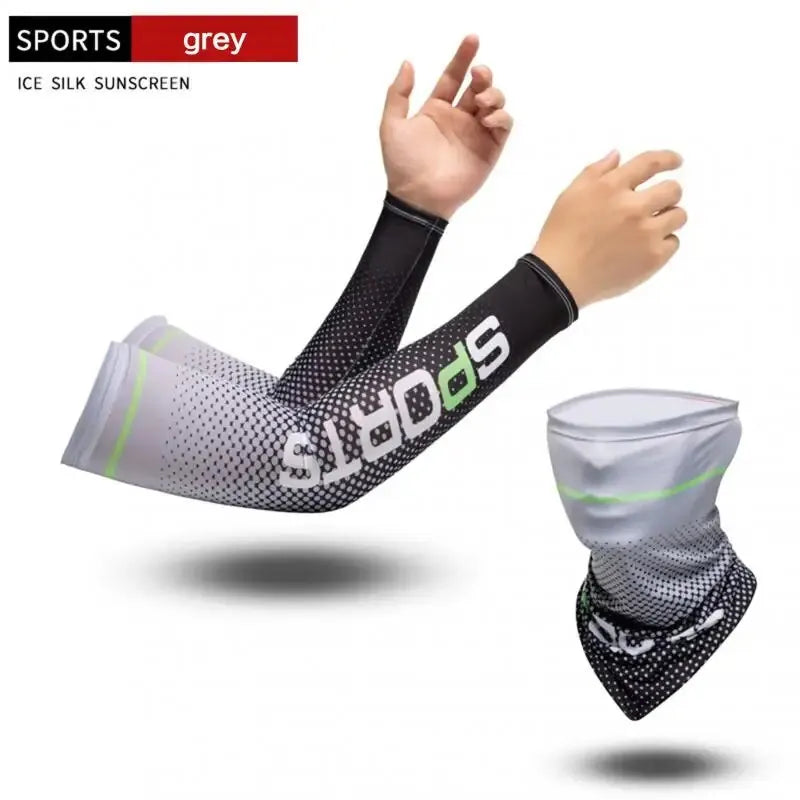 2Pcs Set UV Protection Long Sleeve with Full Face Mask Outdoor Sport Cycling Ice Silk Breathable Neck Protector Arm Cover