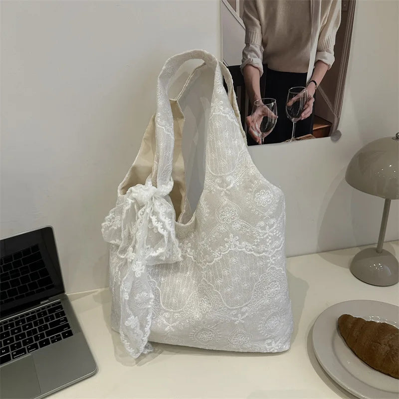 Casual Lace Embroidery Shoulder Bags for Women Simple Versatile Ladies Handbags Large Tote Lightweight Commuter Female Vest Bag