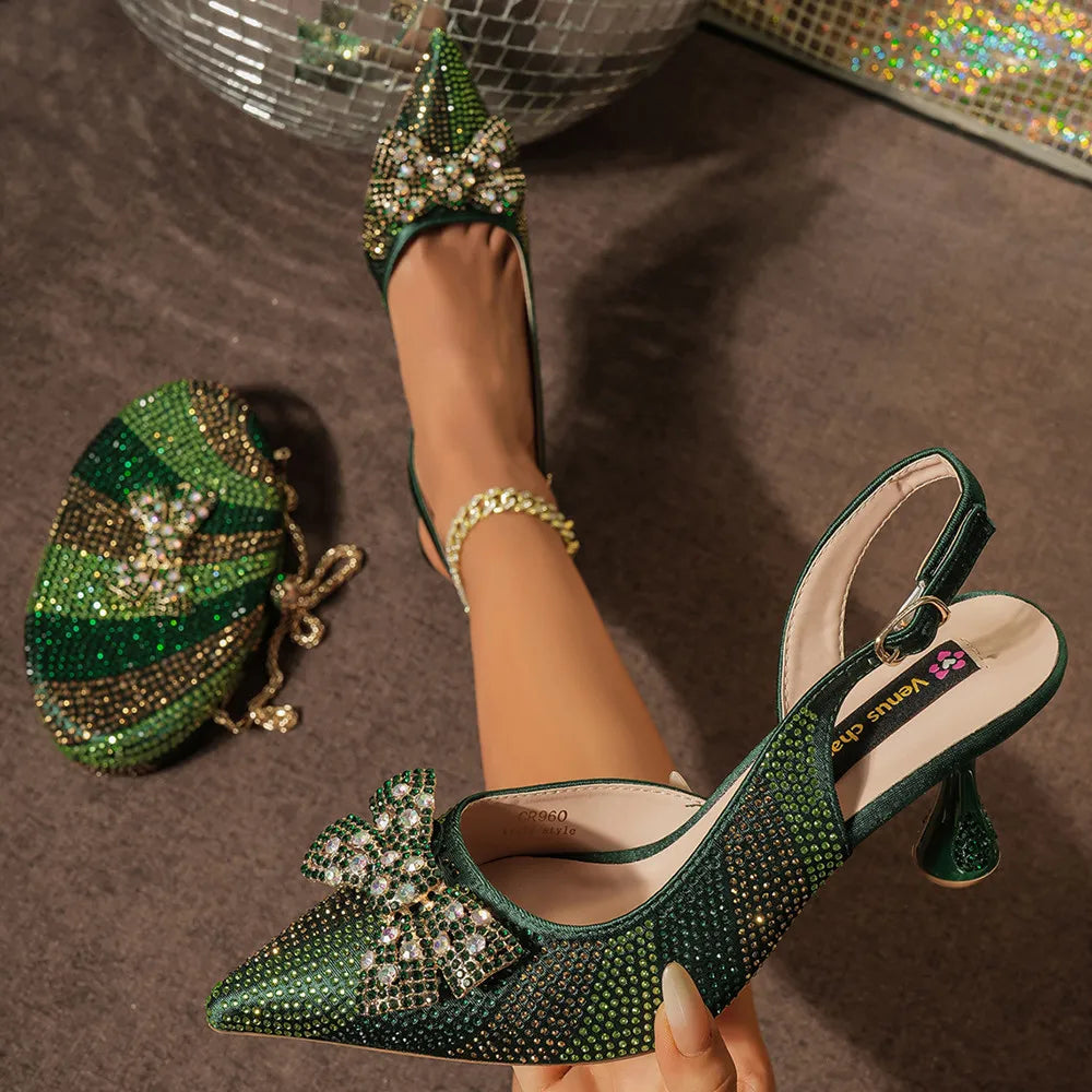 Venus Chan Green Color Pointed-Toe High Women Heels Shoes and Bags for Women Rhinestone Evening Party Elegant Luxury Handbag