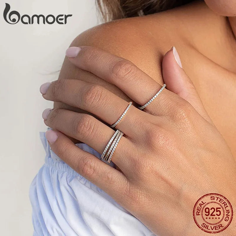 BAMOER 925 Sterling Silver Full Paved Simulated Diamond Stackable Rings, Women Gold Plated Engagement Eternity Bands Colored CZ