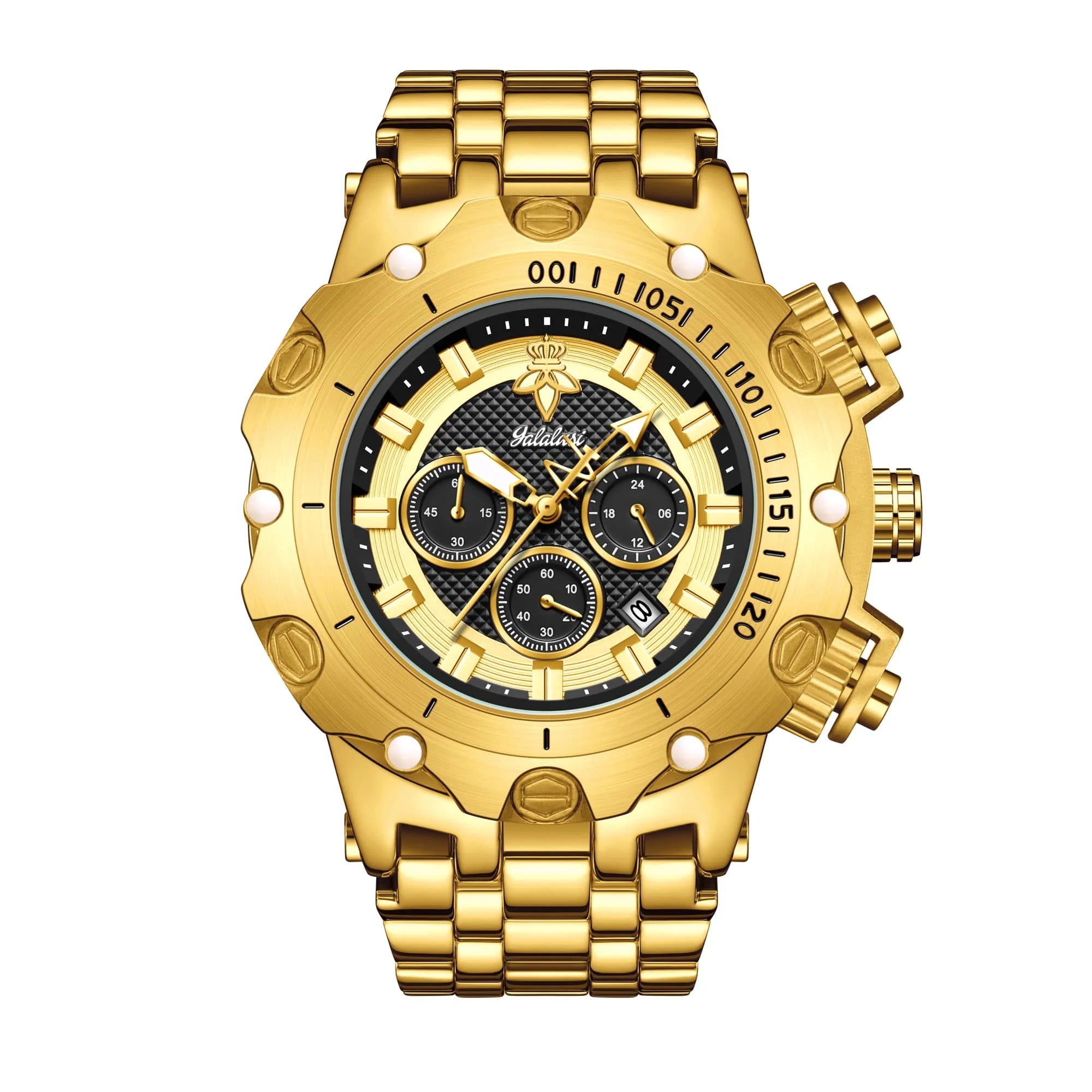 YaLaLuSi Men Gold Watch Multi Chronograph 3 Subdials Heavy Duty  Bracelet Luminous Dial Sport Quartz Wristwatch Male Gift Clock