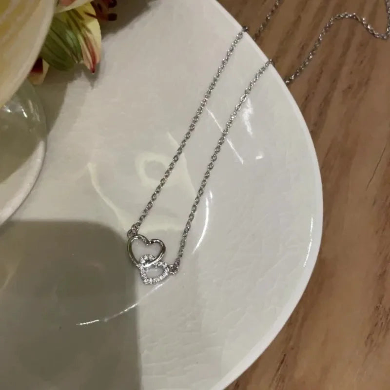 Charm Fashion Silver Color Stainless Steel Double Hearts Zircon Necklace for Women Exquisite Fashion Bride Collar Jewelry Gift