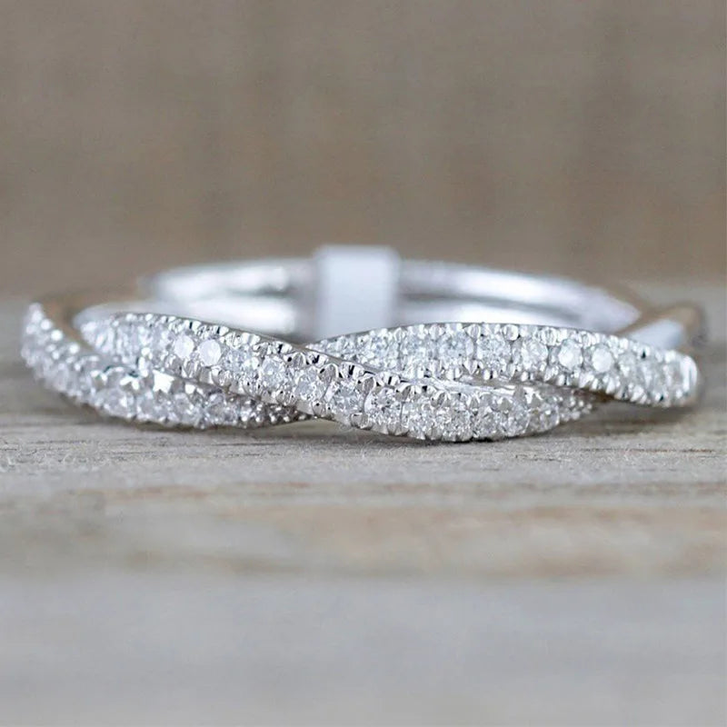 Huitan Fashion Twist Rings for Women Band White CZ Simple Stylish Accessories Party Daily Versatile Jewelry