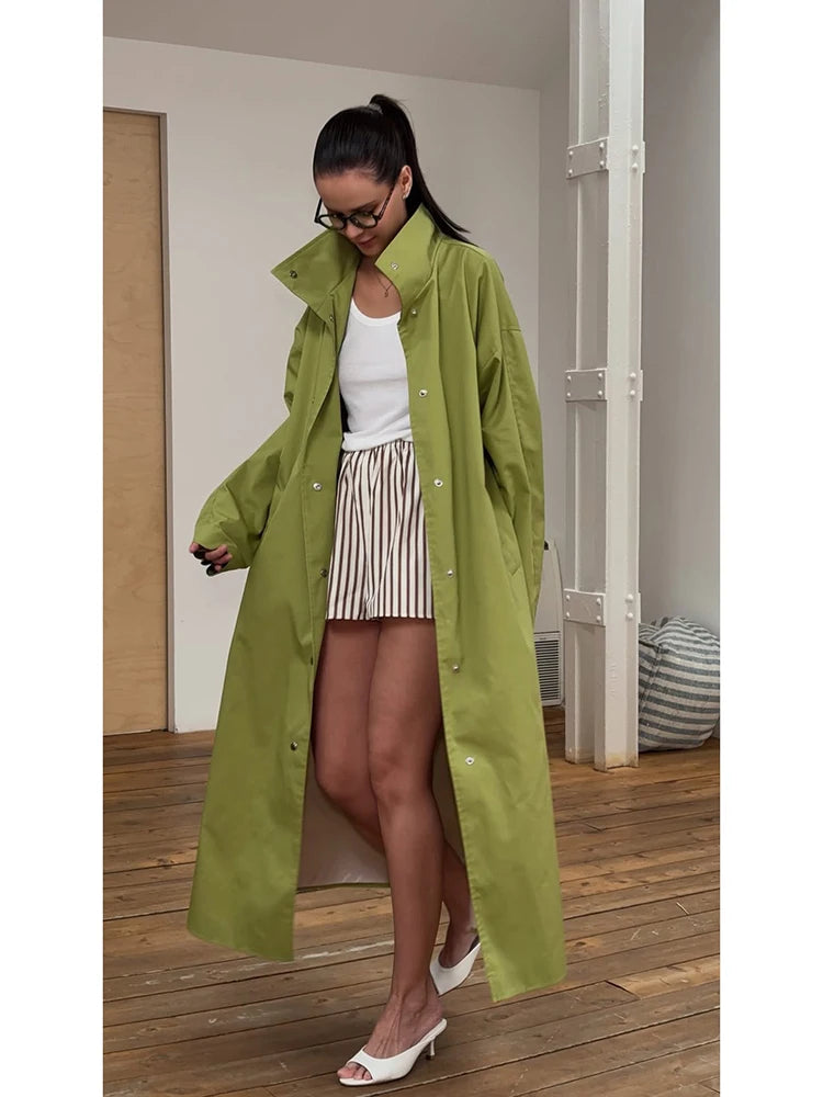Women Oversized Long Windbreaker Outerwear Lime Green Stand Collar Loose Pocket Trench Coat 2026 Y2k Autumn Chic Female Clothing