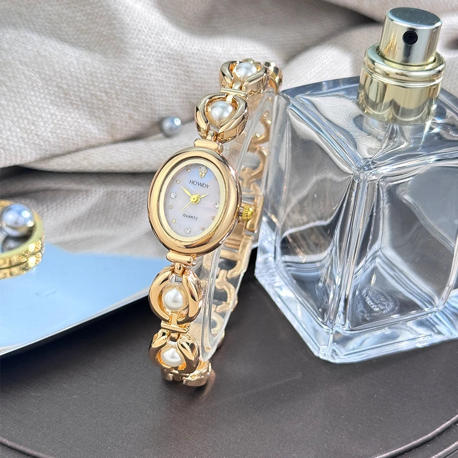 New Fashion Luxury Imitation Pearl French Romantic Oval Shaped Ladies Bracelet Watch High Aesthetic Quartz Watch