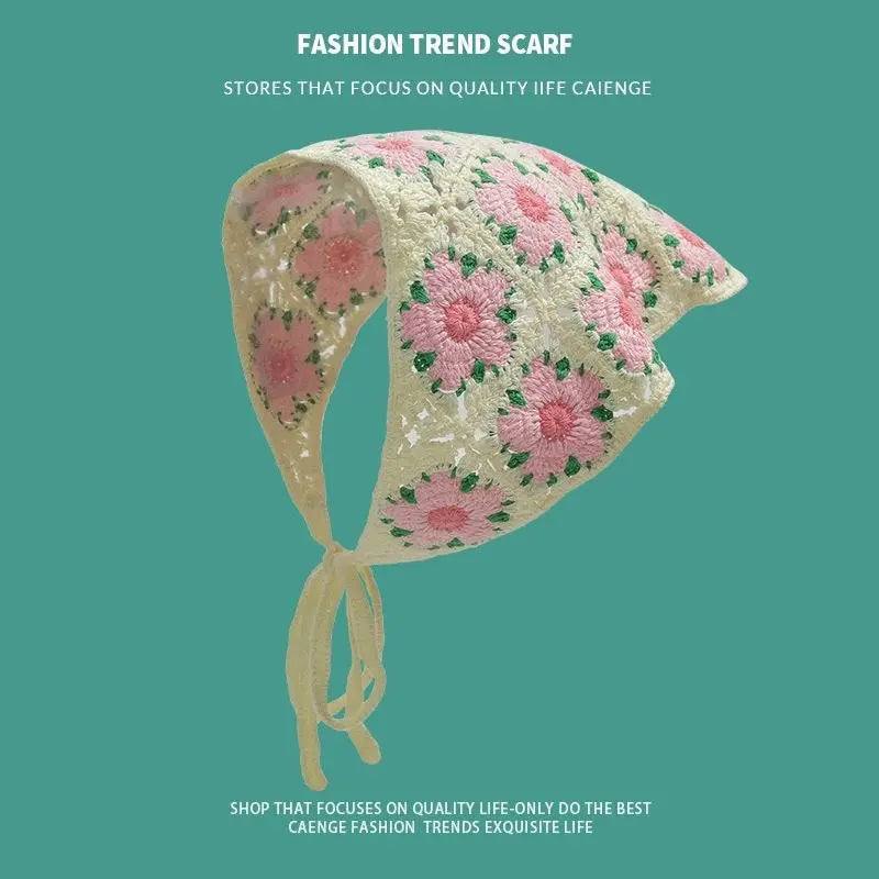 2026 Korean Sweet Cute Handmade Crochet Hollow Triangle Headband Towel Women Literary Photo Hair Scarf