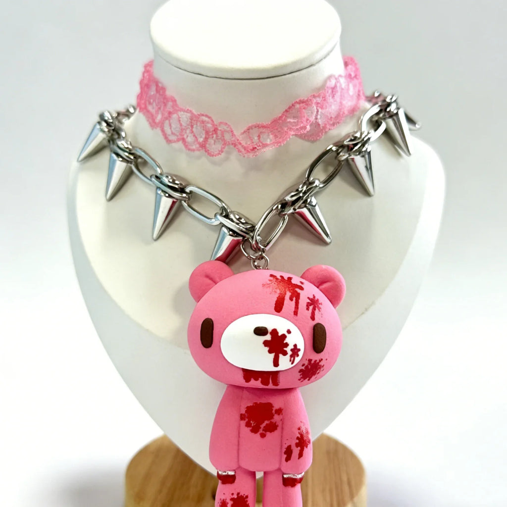 Gloomy Bear Spike Choker Necklace, Y2K Gothic Punk Rivet Chain with Cute Bear Pendant, Harajuku Alternative Jewelry for Women