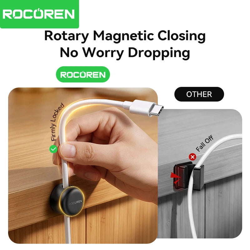 Rocoren 360° Rotating Magnetic Cable Management Self Adhesive Wire Cord Organizer Cable Clips Adjustable Wire Holder Under Desk