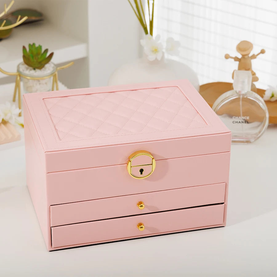 1PC, Rhomboid Round Lock Three-Layer Leather Jewelry Storage Box with Lock