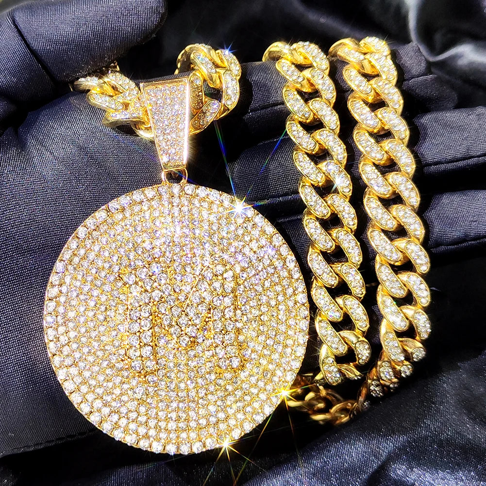 New Bling A-Z Letters Pendant Necklace for Men Women Crystal Miami Cuban Link Chain Round Initials Necklace Fashion Jewelry