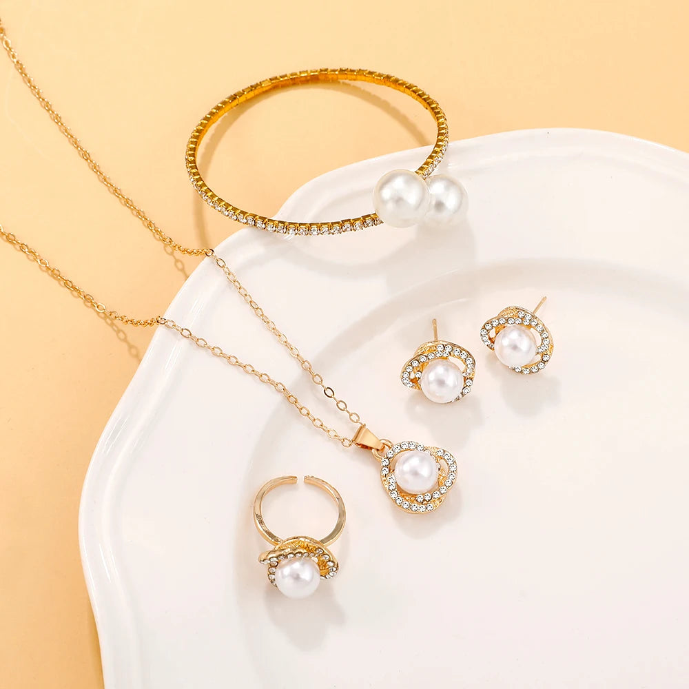 5pcs Temperament Simple Chain Imitation Pearl Pendant Necklace Earring Bracelet Ring, Wedding Travel Jewelry Set Accessory Gift