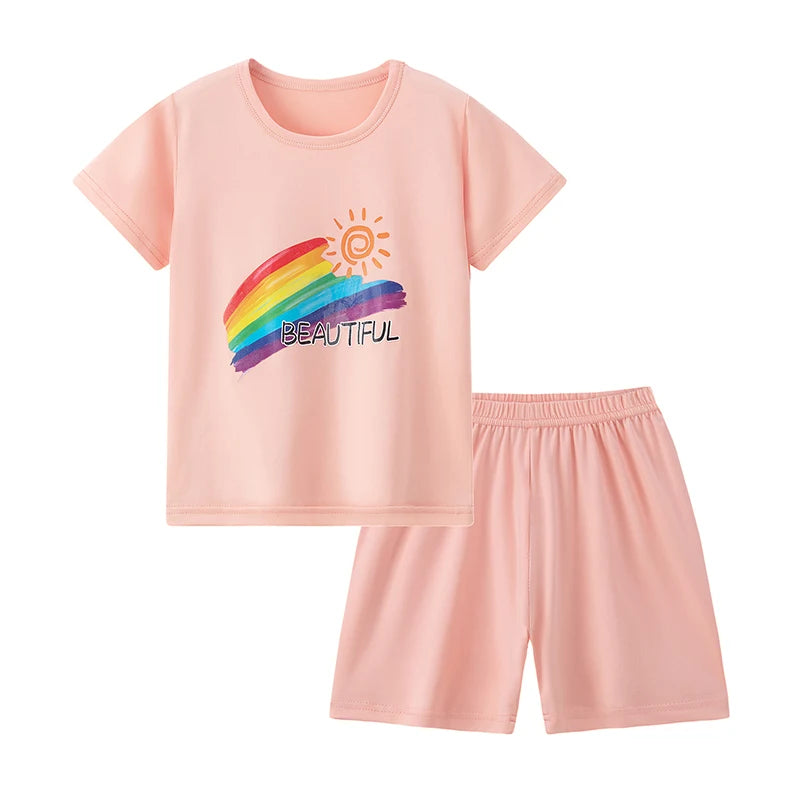 2 Pcs Summer Children's Fun Printed Shorts Short Sleeve Suit Boy Colorful Dinosaur Top Girl Sweet And Lovely Elastic Waist Short