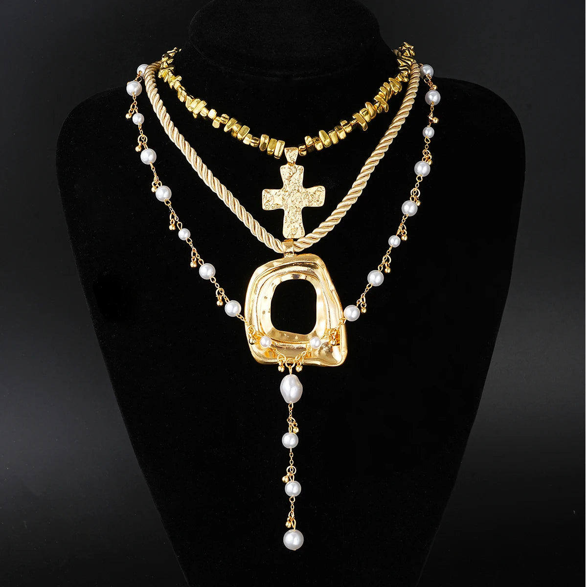 3pcs Exaggerated Irregular Cross Pendant Necklace Set For Women European and American Vintage Pearl Beads Necklace Party Jewelry