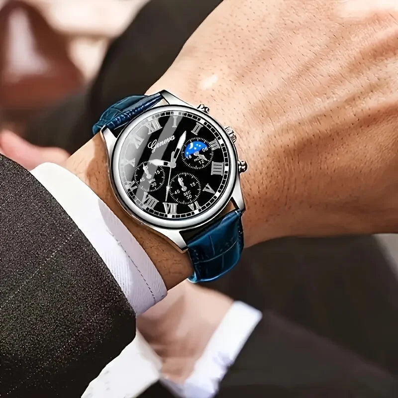 Casual men's quartz watch, fashionable business PU leather watch bracelet combination, suitable for daily use or gift gifts