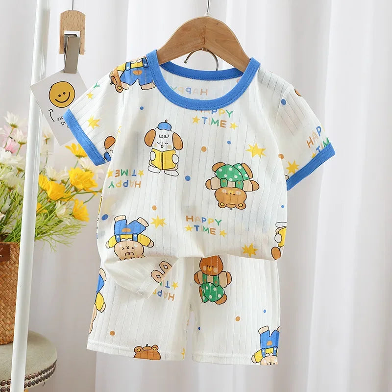 2024 New Summer Children's Clothing Boys Girls Short-sleeved Shorts Suit Baby T-shirt + Pants  Pure Cotton Clothes Set