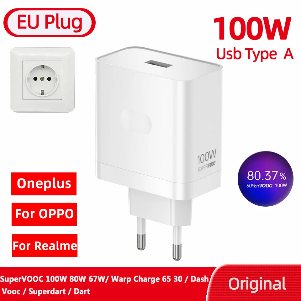 Original Oneplus Charger SuperVOOC 100W Type-A Power Adapter EU 80W Super Fast Type C Cable One Plus 13 12 11 10 Pro Nord CE 3 5