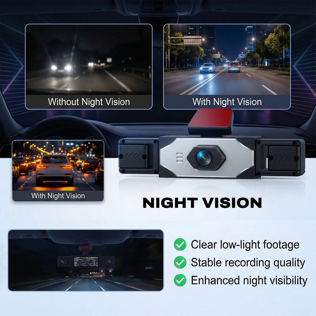 Podofo 3.16'' Dash Cam Four Lens Video Recorder With 480p Left Interior, Right Interior, And Rear View Cameras With Loop Recording, Exposure Compensation Car Parking, Driving Assistance Camera Recorder