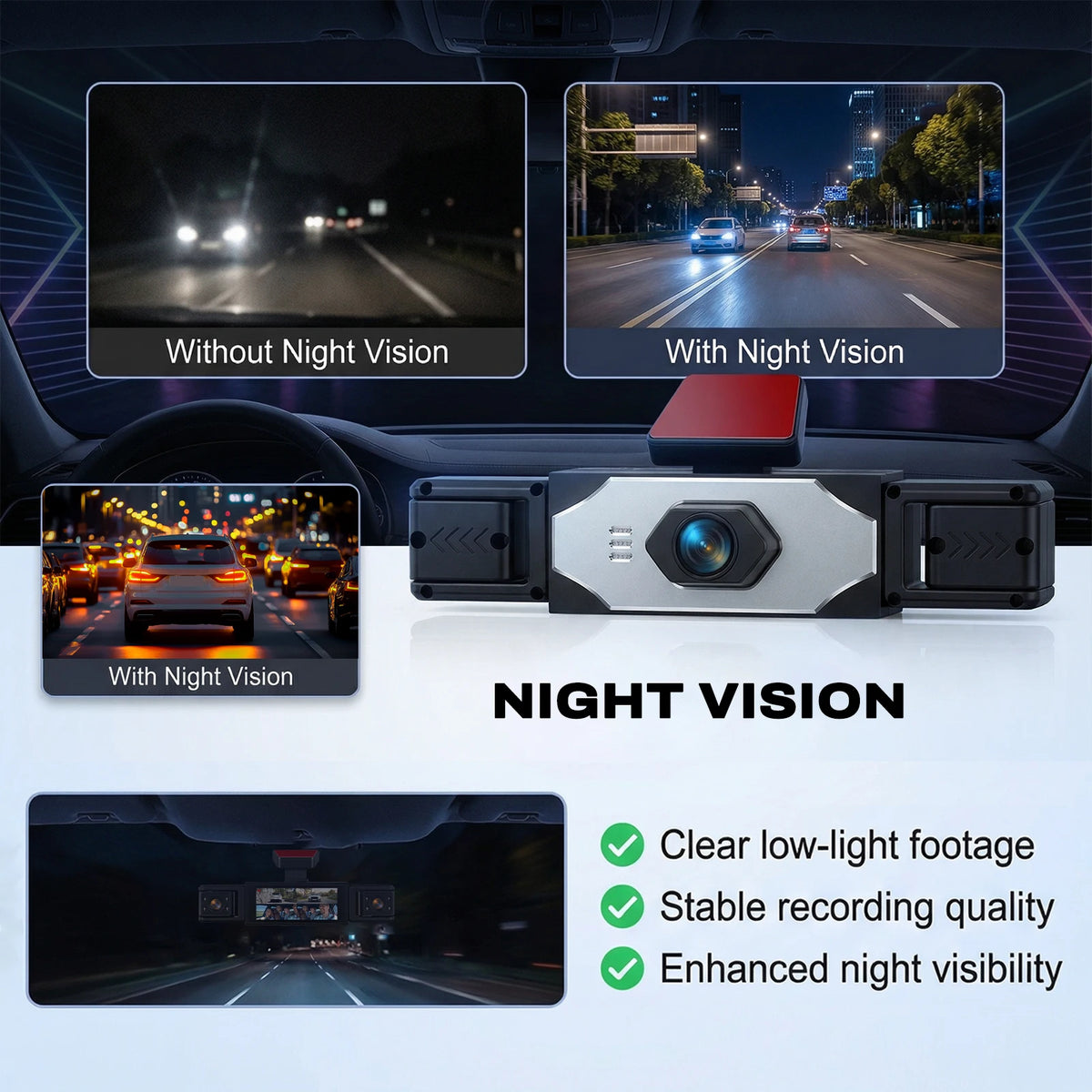 Podofo 3.16'' Dash Cam Four Lens Video Recorder With 480p Left Interior, Right Interior, And Rear View Cameras With Loop Recording, Exposure Compensation Car Parking, Driving Assistance Camera Recorder
