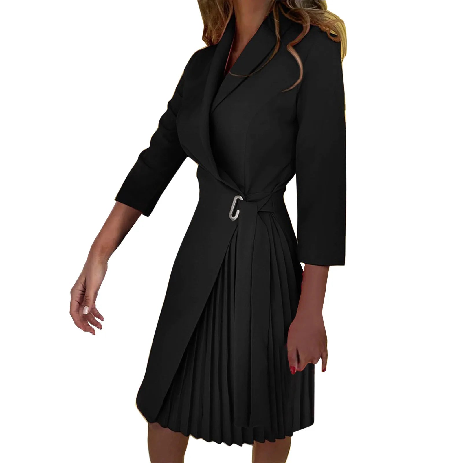 Autumn Fashion Women Patchwork Pleated Blazer Dress Elegant 3/4 Sleeve Lapel Lace-Up Dress Elegant Office Lady Slim Party Dress